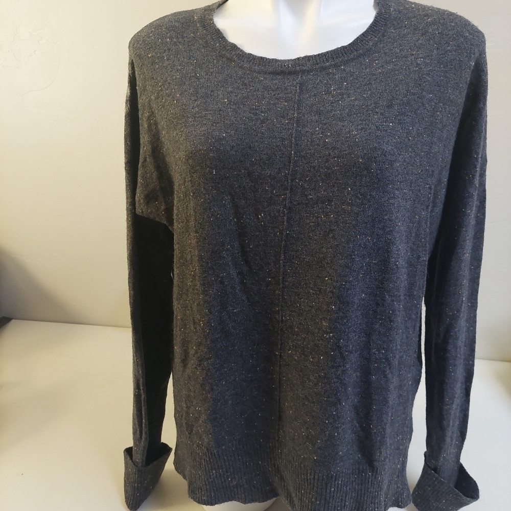 Max Studio Gray Sweater L Wool Alpaca Scoop Neck Cardigan‎ Ribbed Hems Speckled